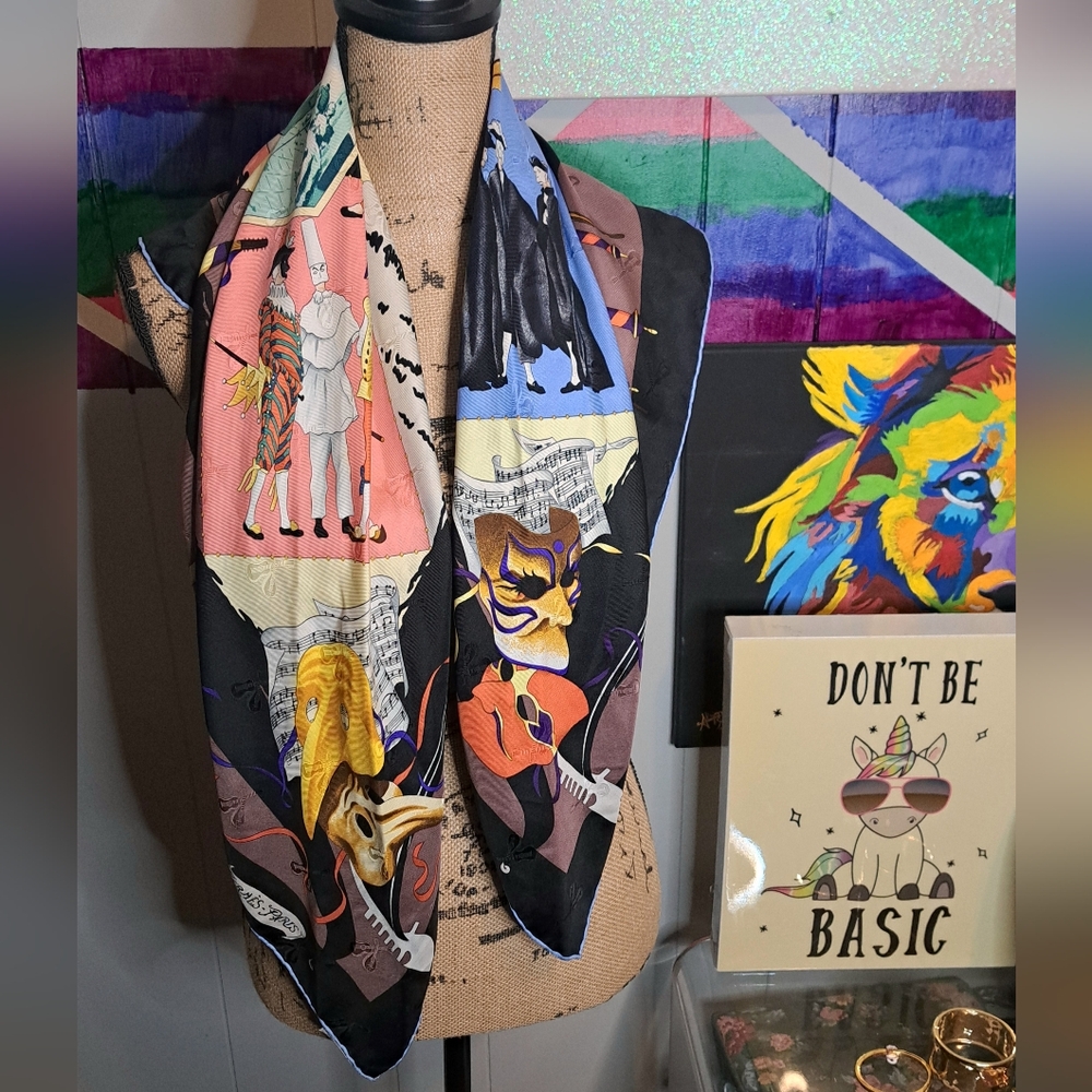 Vtg 1993/1994 Authentic HERMÈS Multicolor Le Carnaval de Venise Silk Scarf 34x34